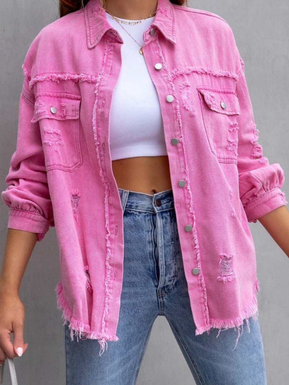 Pink Distressed Denim Shacket - Bright Pink Oversized Jacket